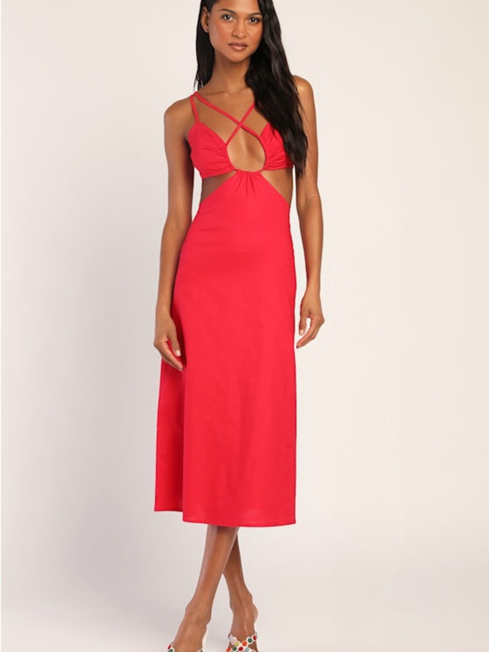 Red Strappy Cutout Midi Dress